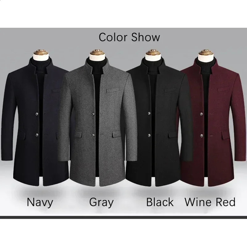 Brown Business casual trench coat mens Chinese style solid color mens winter coat autumn and winter wool coat mens 241118