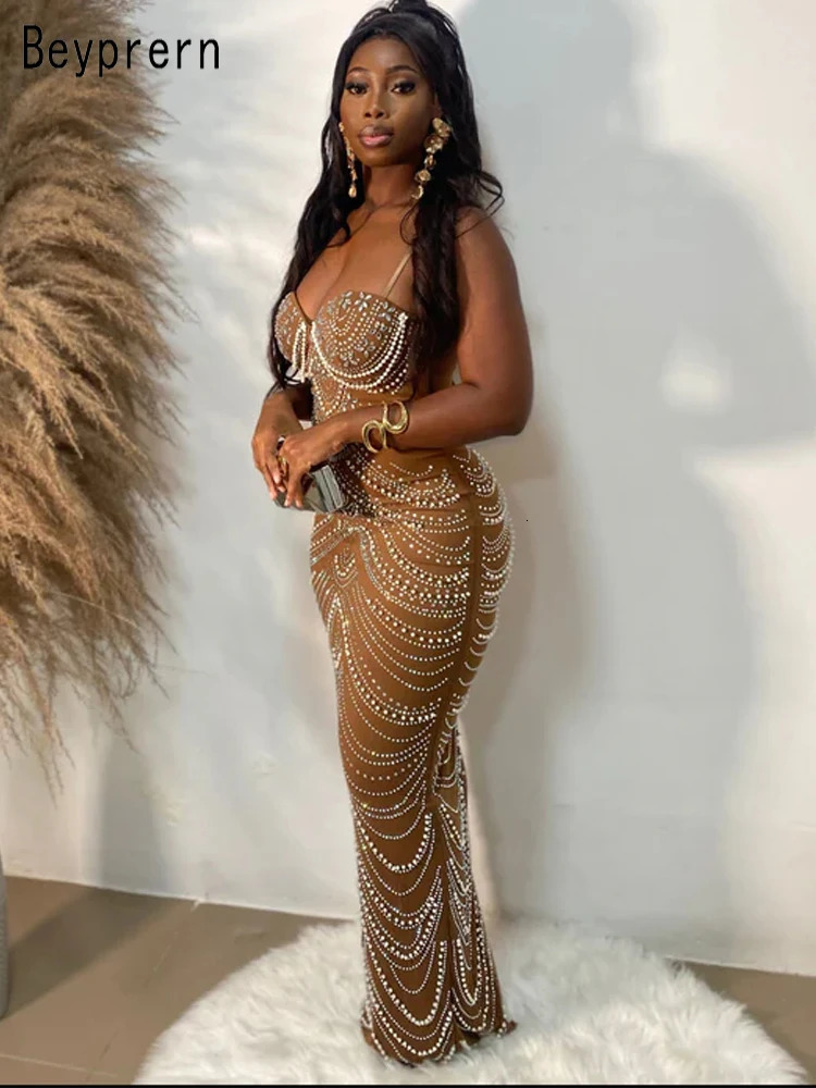 Beyprern Beautiful Gold Beaded Bodycon Evening Gown Sparkle Pearls Rhinestone Long Dresses Birthday Party Outfits Year Gowns 241122