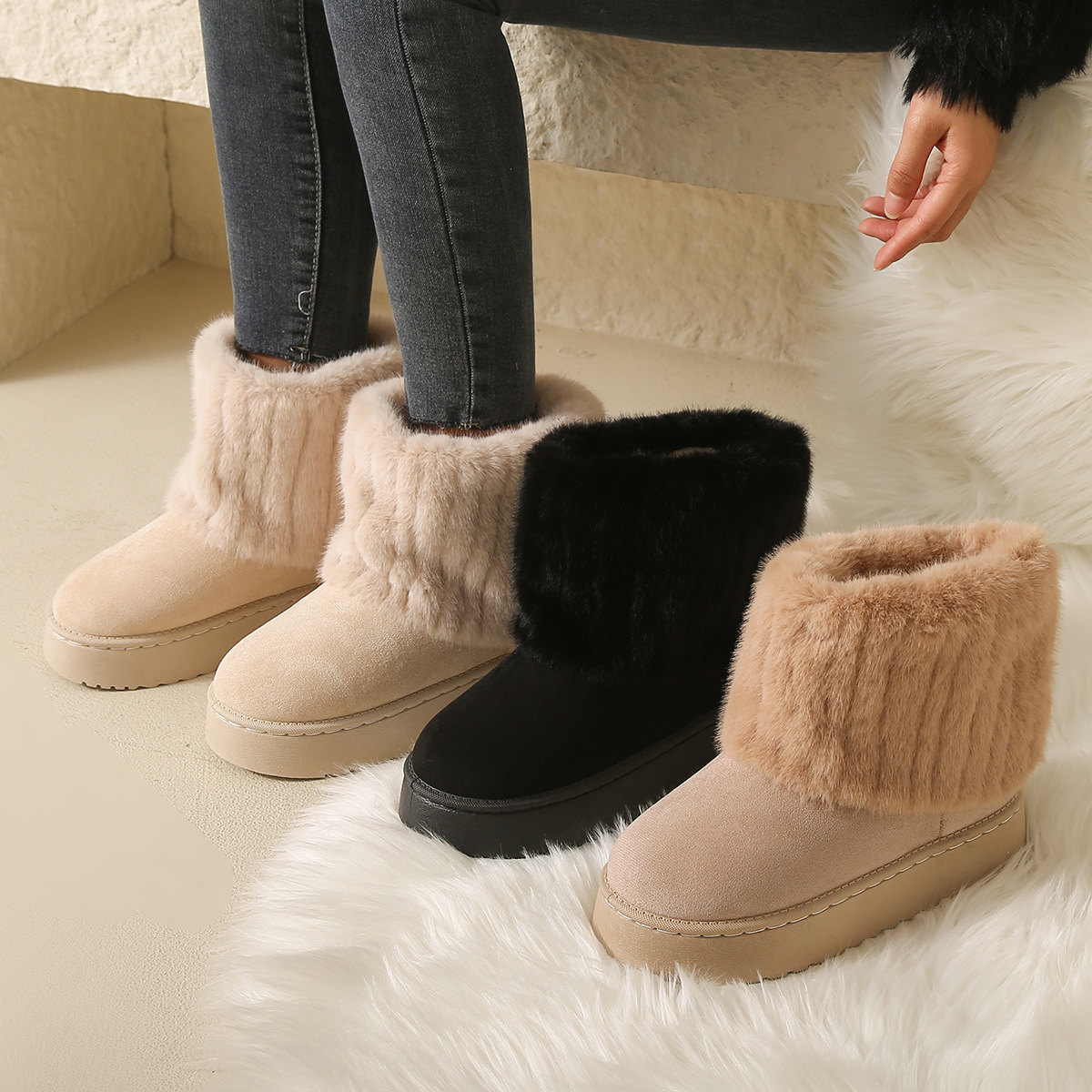 Shoes for Winter Slip on Women's Black Round Toe Solid ck Plush Warm Mid Heel Water Proof Casual Snow Boots Women EU36-41