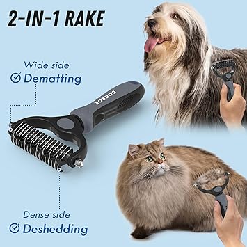 Docrok Pet Grooming Brush and Metal Comb Combo - Undercoat Rake for Dematting and Deshedding Long Matted Haired Dogs and Cats