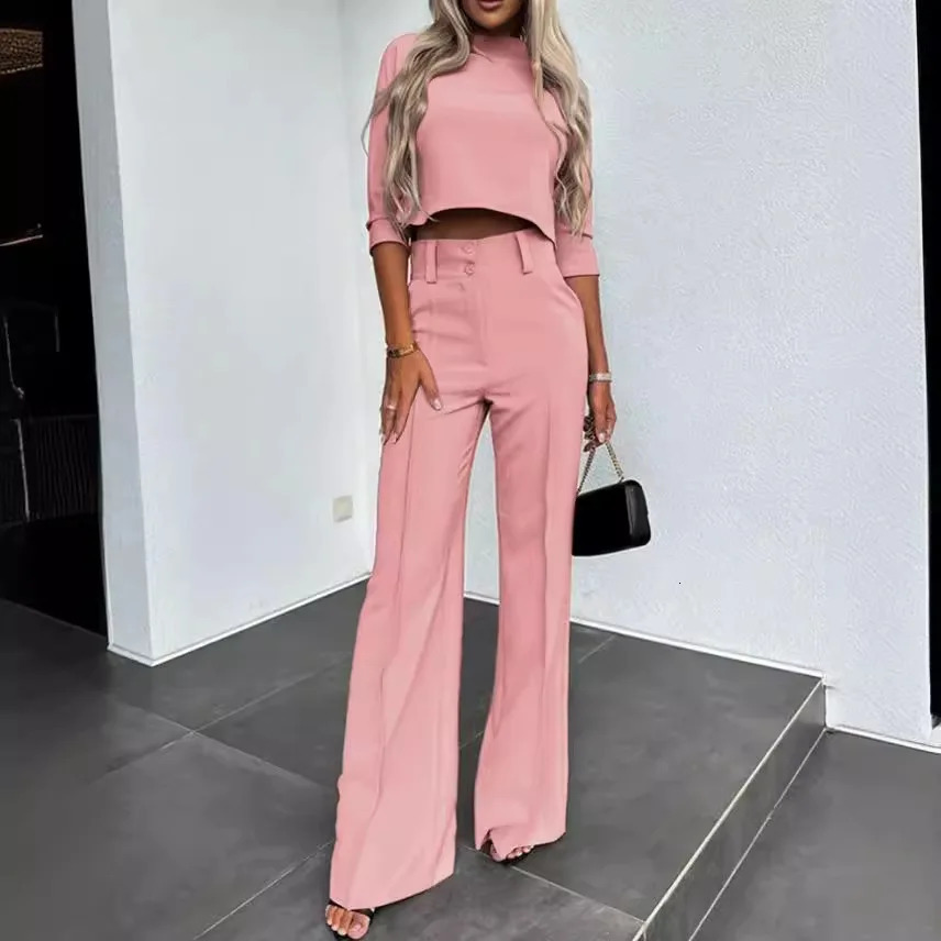 Women Business Blazer Pant Sets 2 Pieces Sale Casual ONeck Short Sleeve Cropped Tops High Waist Pocket Flare Trousers Suits 241122