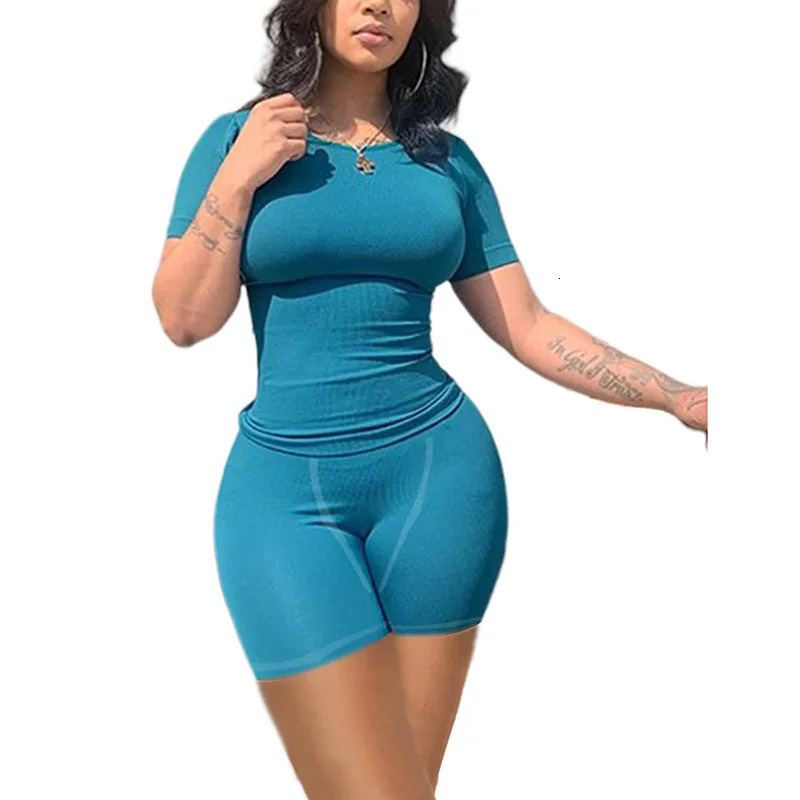 Lounge Wear Ribbed Casual 2 Piece Summer Shorts Set For Somen Short Sleeve TopElastic outfits 240420