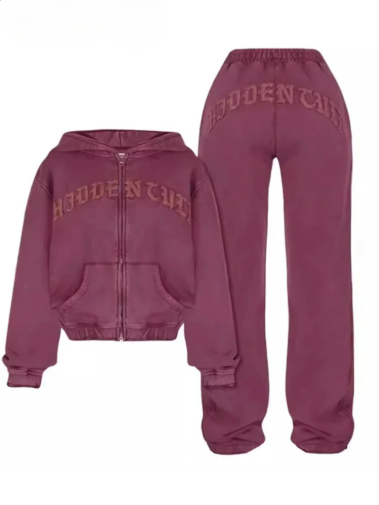 Women 2 Piece Sets Cropped Hoodies Sweatpant Casual Long Sleeve Zipper Jackets Print Hip Hop Sweatshirts Sport Y2K Tracksuit 241121