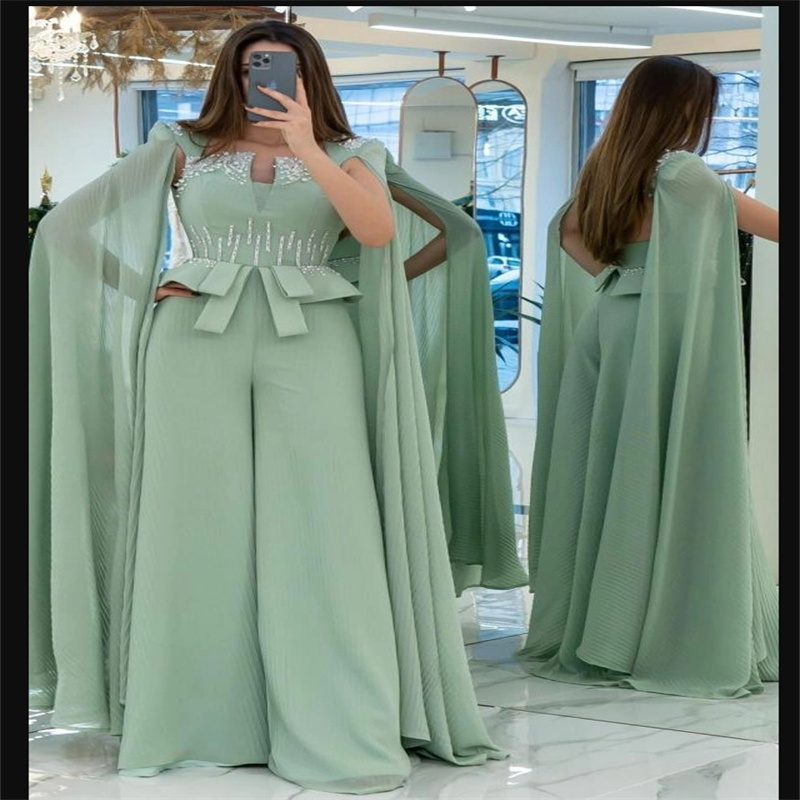 Gorgeous Mint Green Prom Dress Jumpsuit Cape Sleeves Arabia Dubai Evening Dress Open Back Beaded Formal Party Turkey Special Occasion Vestidos De Fest