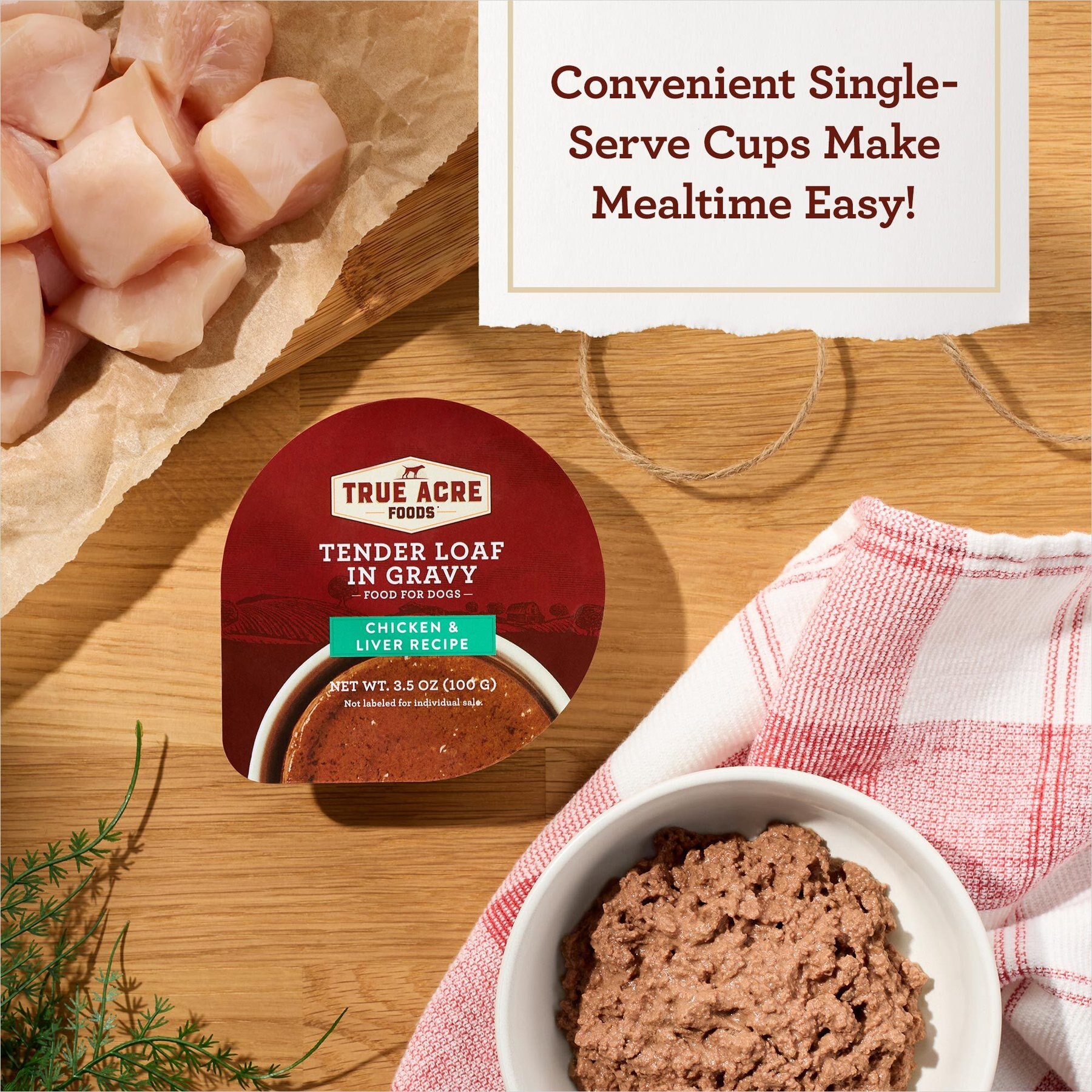 True Acre Foods Chicken & Liver Recipe Tender Loaf in Gravy, Wet Dog Food, 3.5-oz cup, case of 12