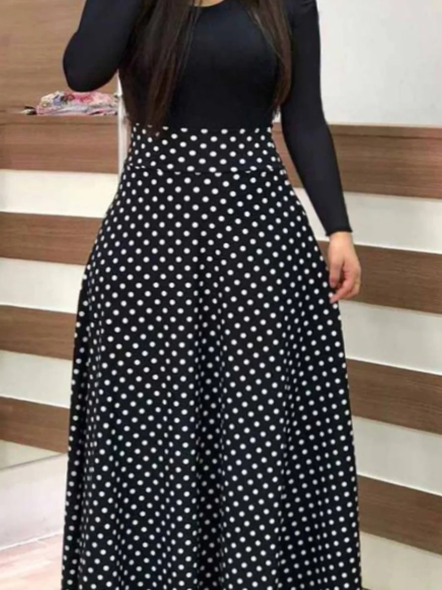 LW Plus Size Autumn Winter Womens Elegant Fashion Black Round Neck Long Sleeves Dot Print Cut Out Ankle Length A Line Dress 240419