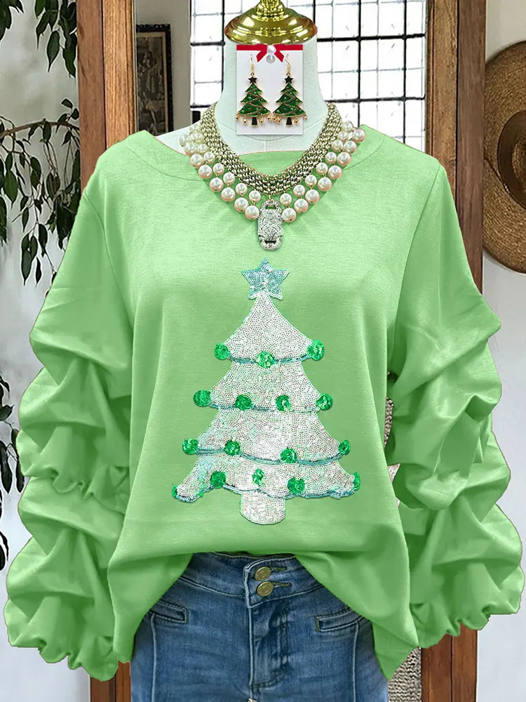 Sweet Christmas Tree Sequined Pleated Top Womens Sweatshirt 241121