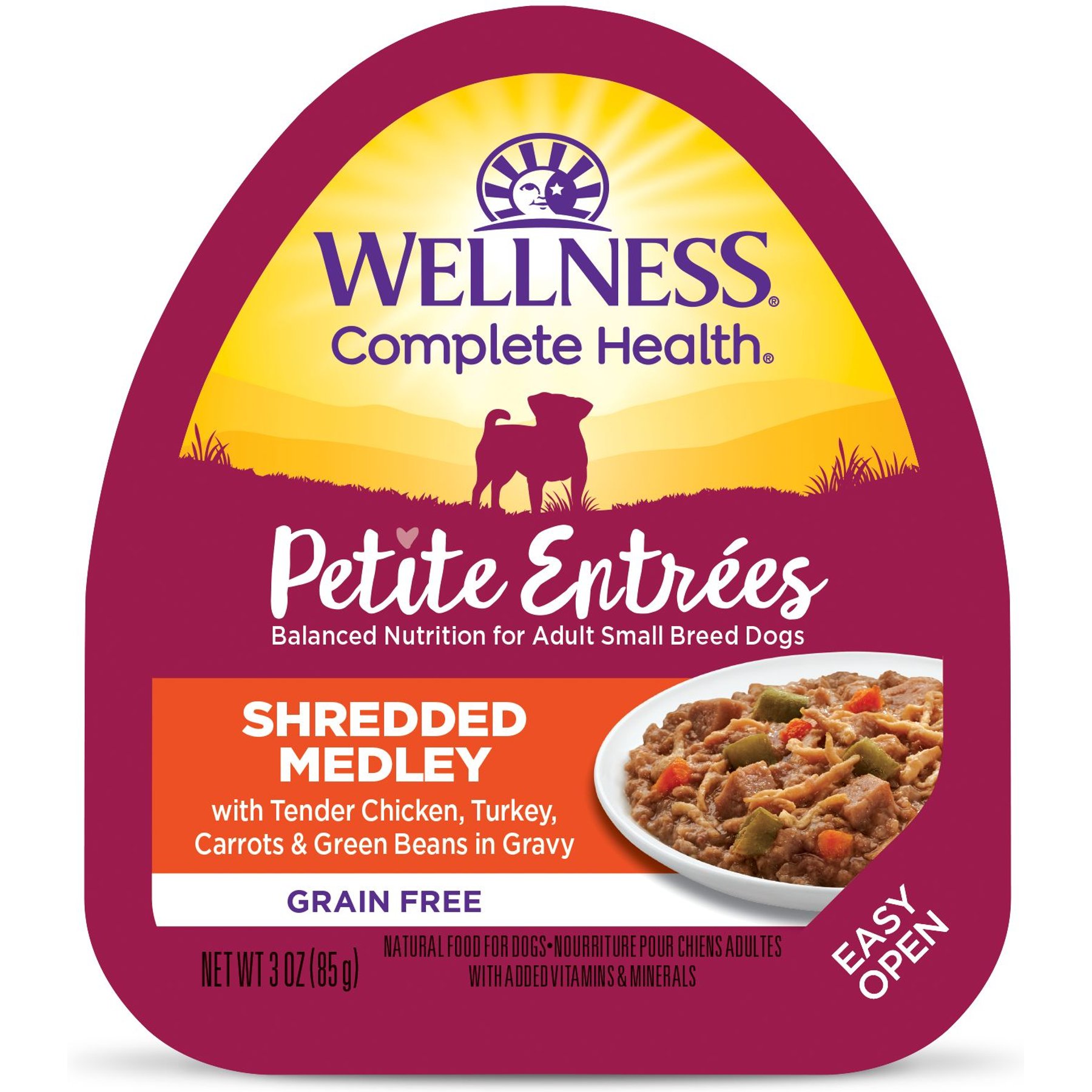 Wellness Petite Entrees Shredded Medley Chicken & Turkey Small Breed Natural Wet Dog Food, 3-oz cup, 12 count