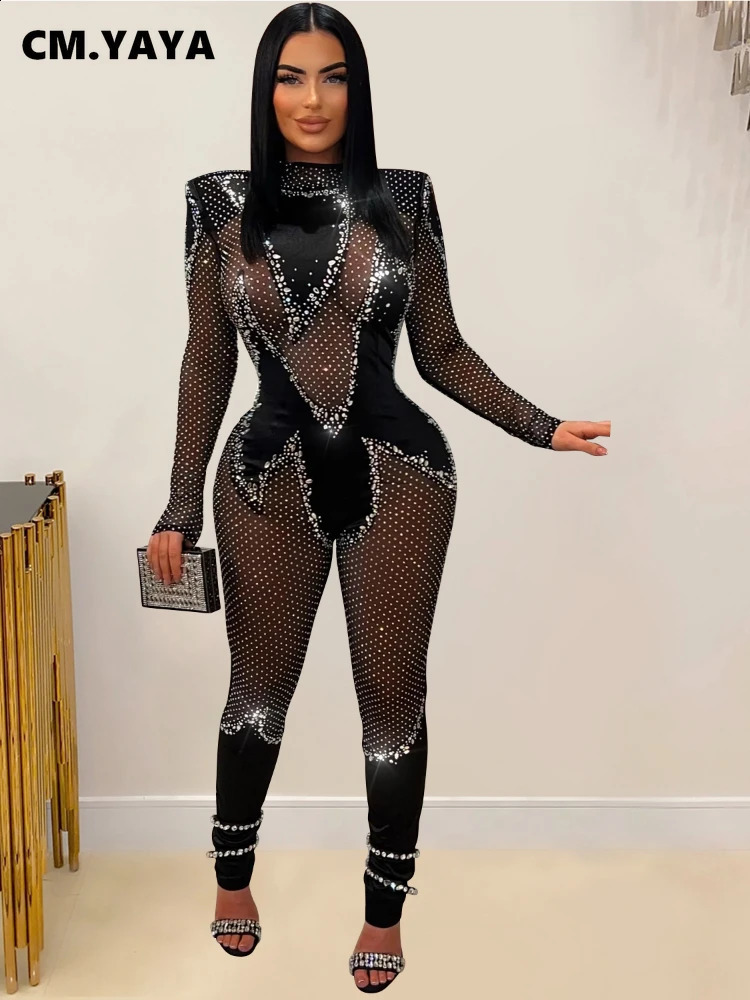 CMYAYA Women Fashion Mesh See Though Diamonds Rhinestones Sexy Party Club Jumpsuit One Piece Suit Romper Playsuits 241121