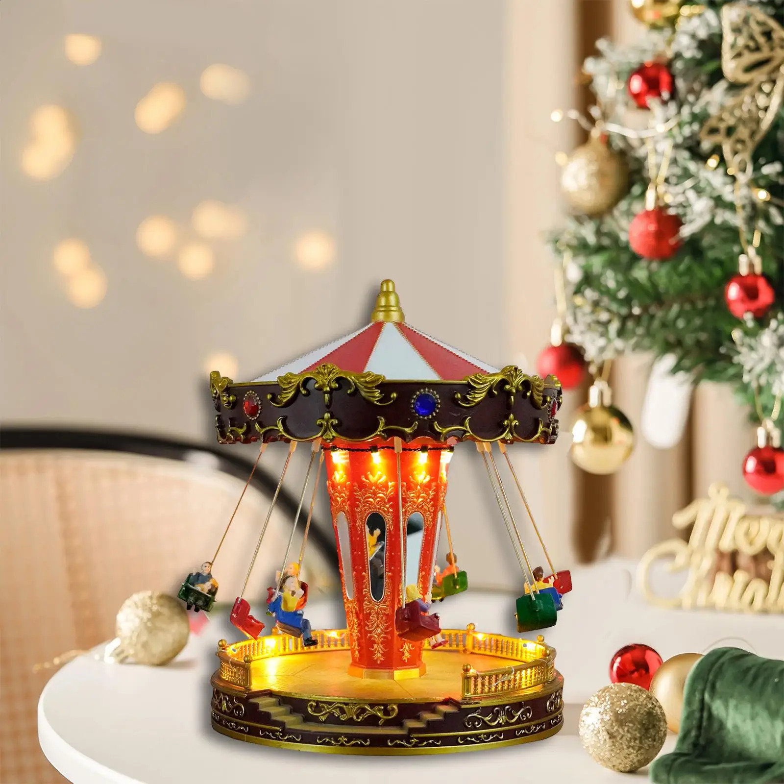 Rotatable LED Christmas Carousel Statue Music Box Decoration Table Centerpiece for Birthday Valentines Day Children Xmas Gifts 241121