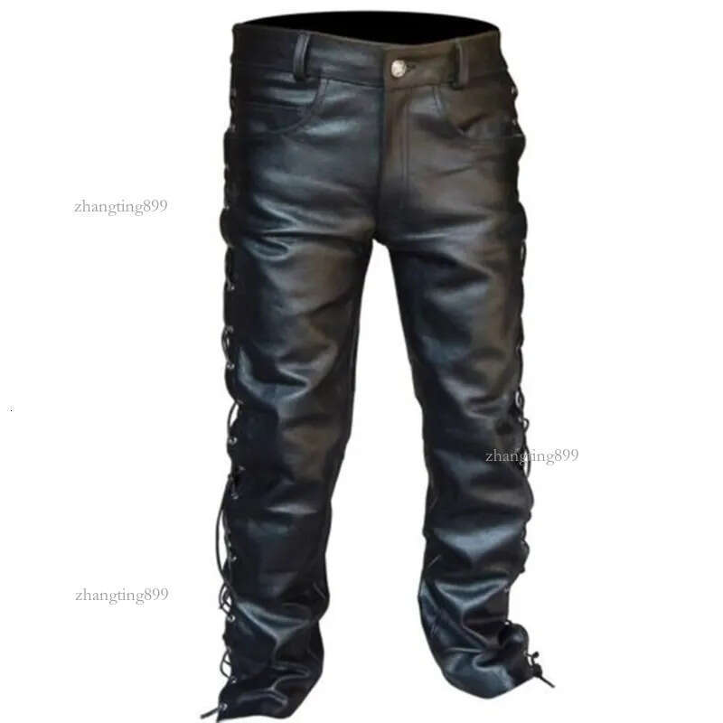 Mens Pants Lace Up Leather Pants Motorcycle Punk Black Pants for Men Fashion Winter Big and Tall Mens Clothing Pantalon Homme Trousers 230906
