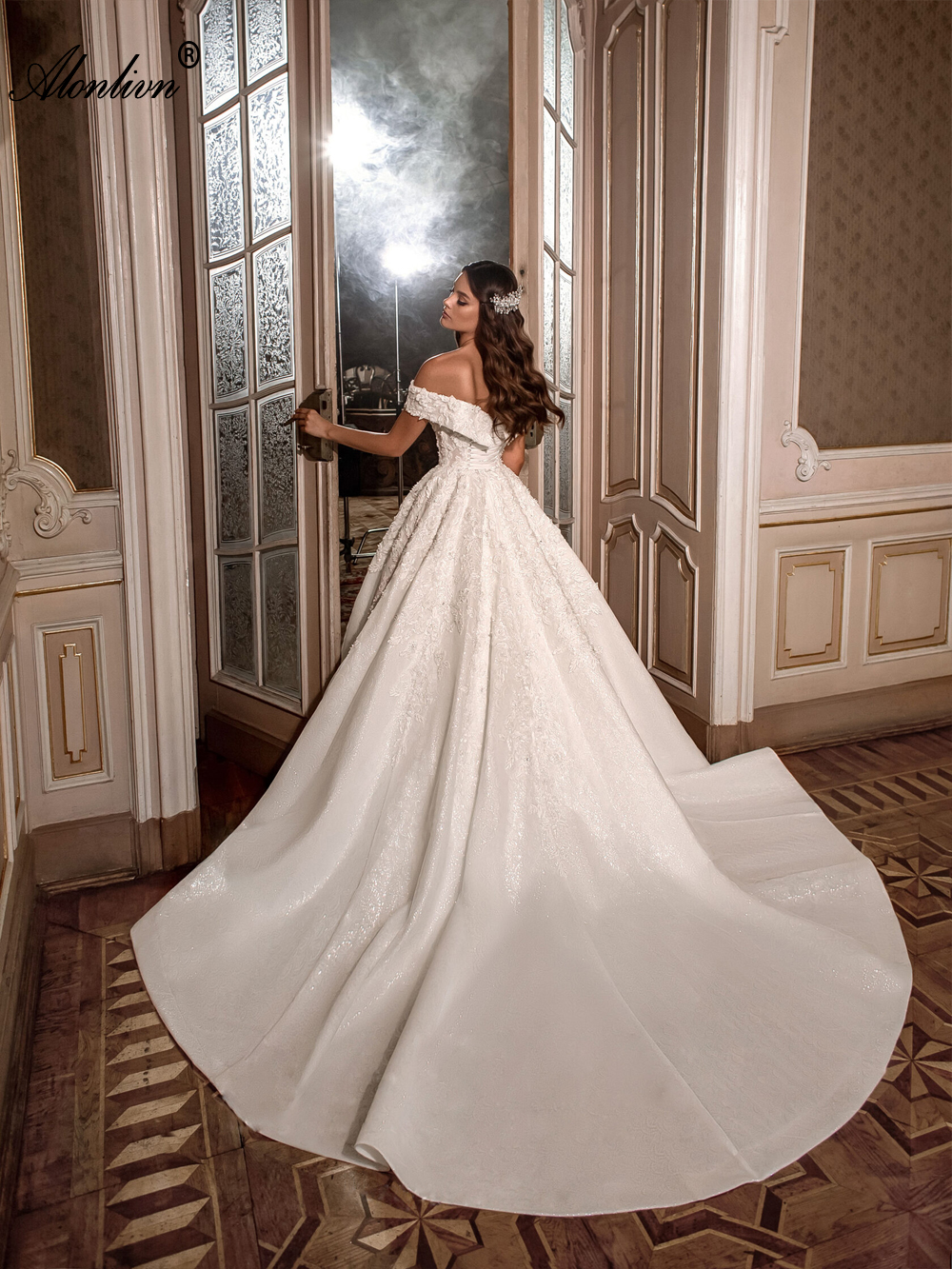 Beading Pearls And 3D Flowers Lace Ball Gown Wedding Dress Off Shoulder short Sleeves Shiny princess Bridal Gowns 2024