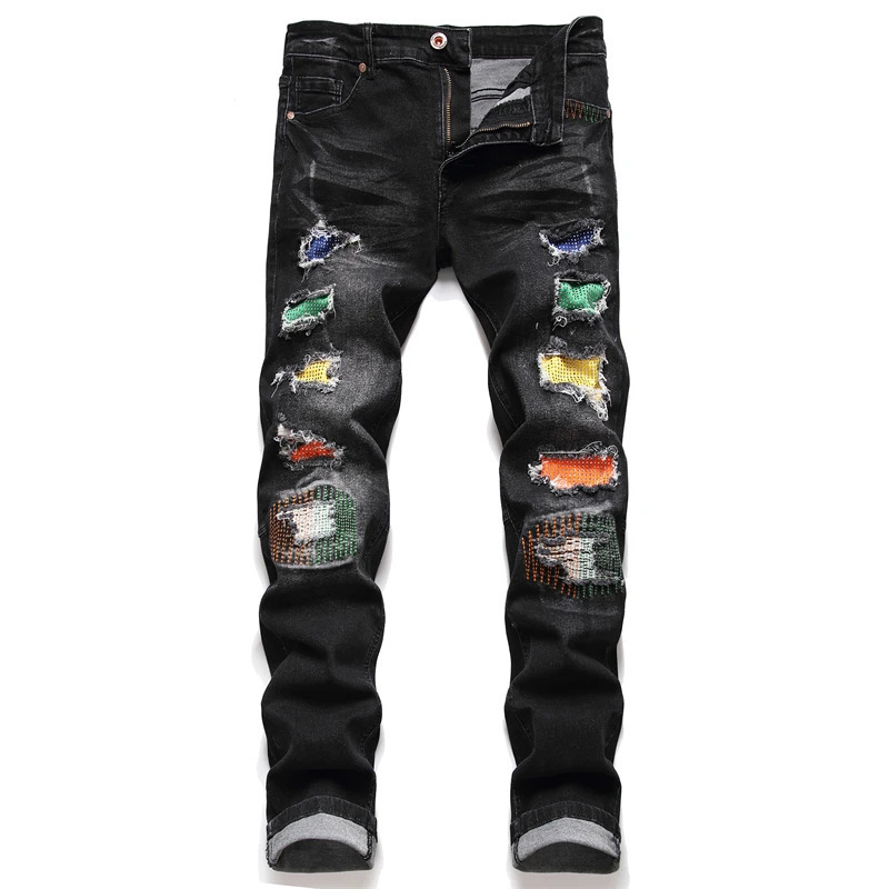 Drop Fashion Biker Jeans Mens Distressed Stretch Ripped Hip Hop Slim Fit Holes Punk Denim Cotton Pants 240415