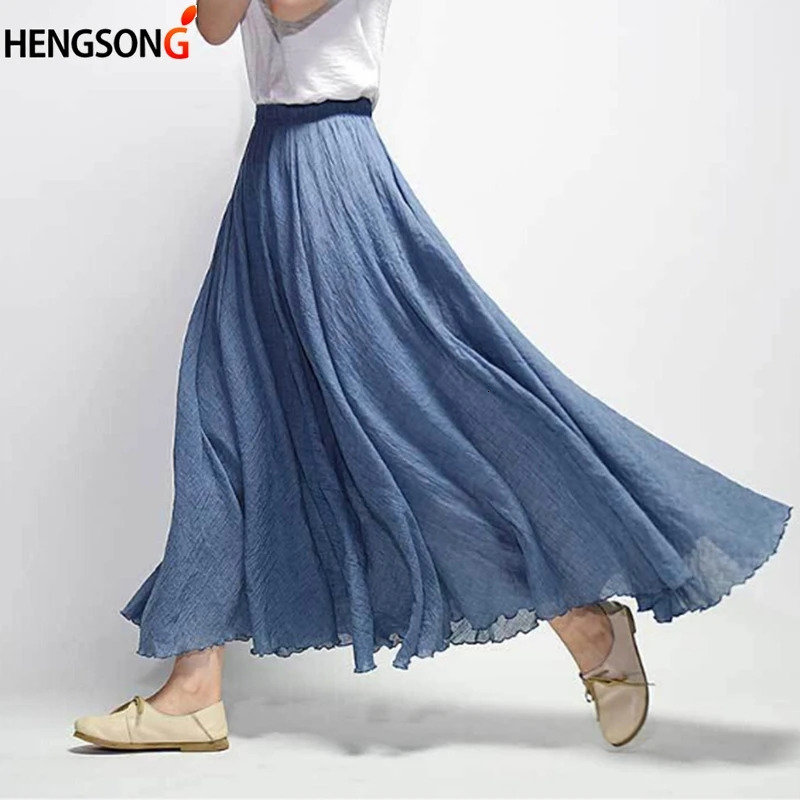 14 Colors Linen Maxi Skirt Pleated Vintage Boho Long Casual Cotton Beach Empire ALine Ladies Clothing 240420