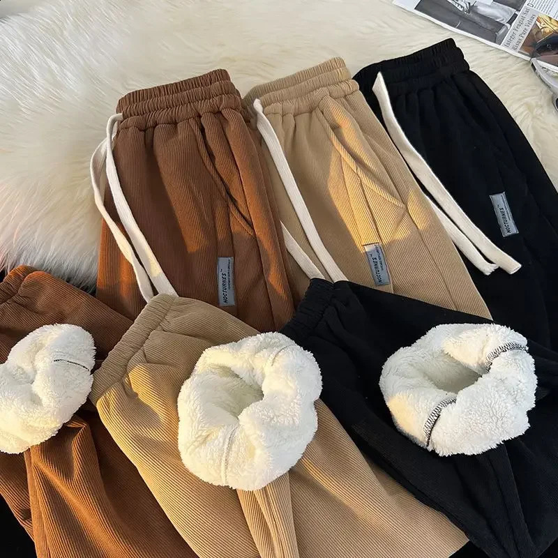 Men Winter Corduroy Plush Extra Thick Pants Lambswool Warm Loose Comfortable Rib Leg Lined Fleece Sports Joggers Trousers 241122