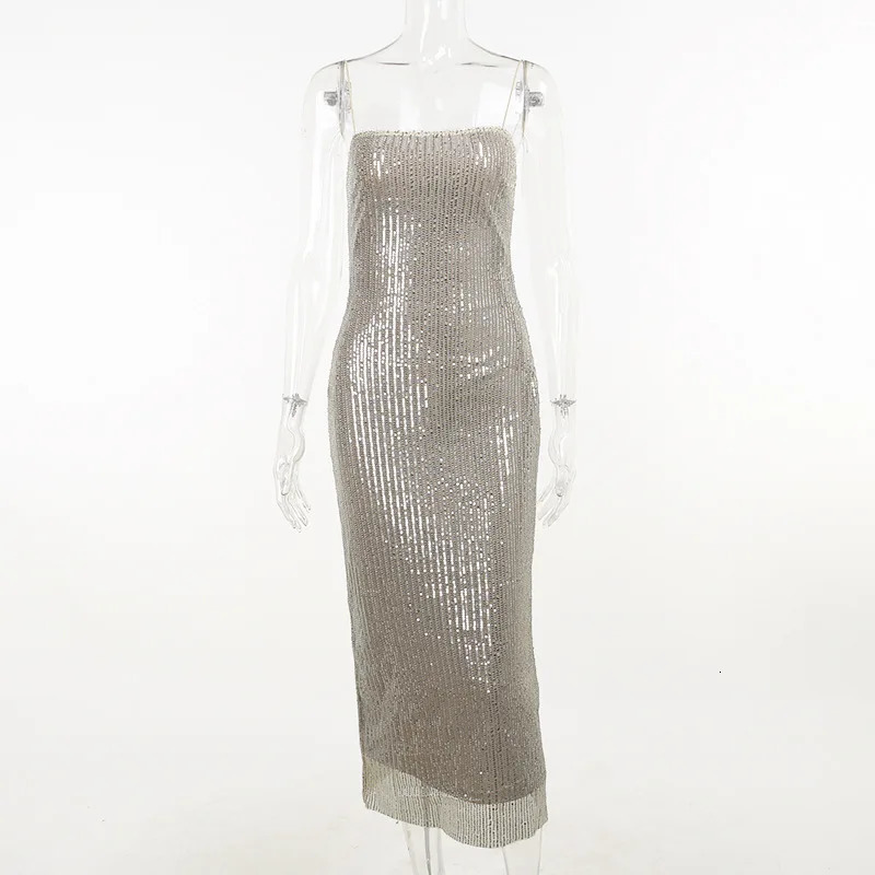 Basic Casual Autumn Sexy Sleeveless Glitter Sequined Evening Party Club Maxi Dress Women Bodycon Backless Split Long Dresses Vestido 240420 C260312