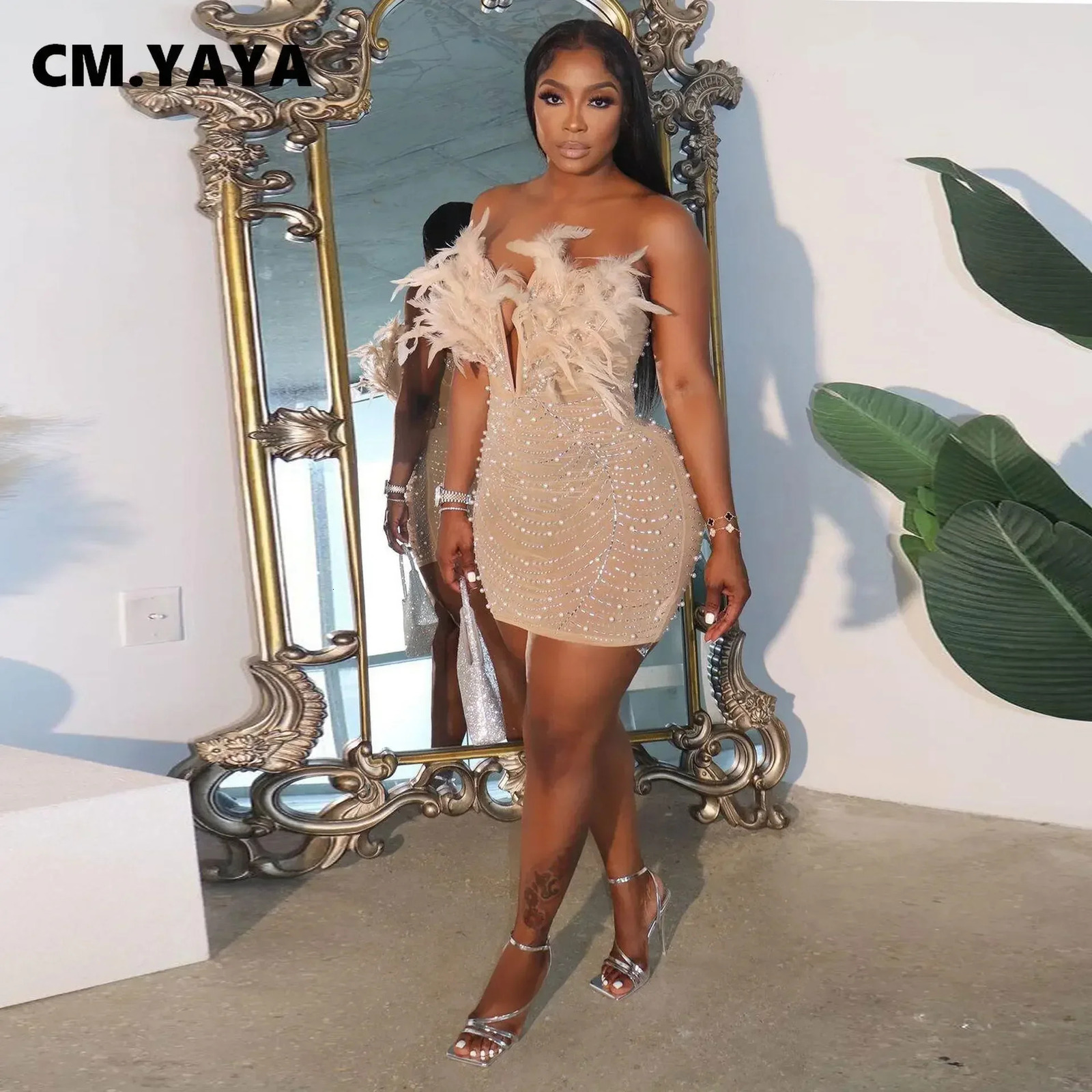 CM.YAYA Women Diamonds Rhinestones Feather Mesh Strapless Plunging V-neck Bodycon Midi Dress Sexy Party Evening Dresses 240420