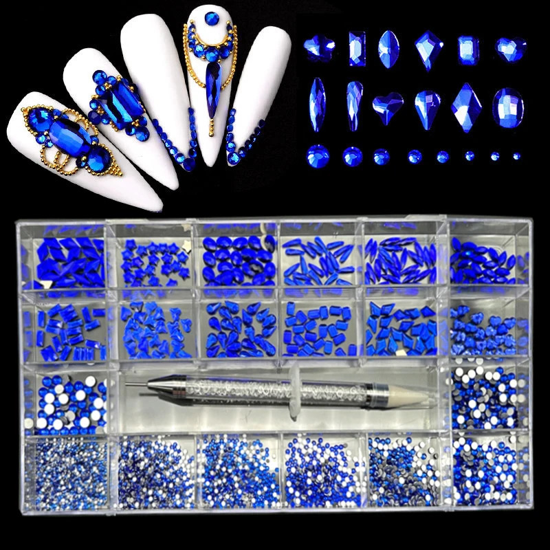 Shiny Diamond Nail Art Rhinestones Kit Glass Crystal Decorations Set 1pcs Pick Up Pen In Grids Box 21 Shapes of 2800pcs 241226