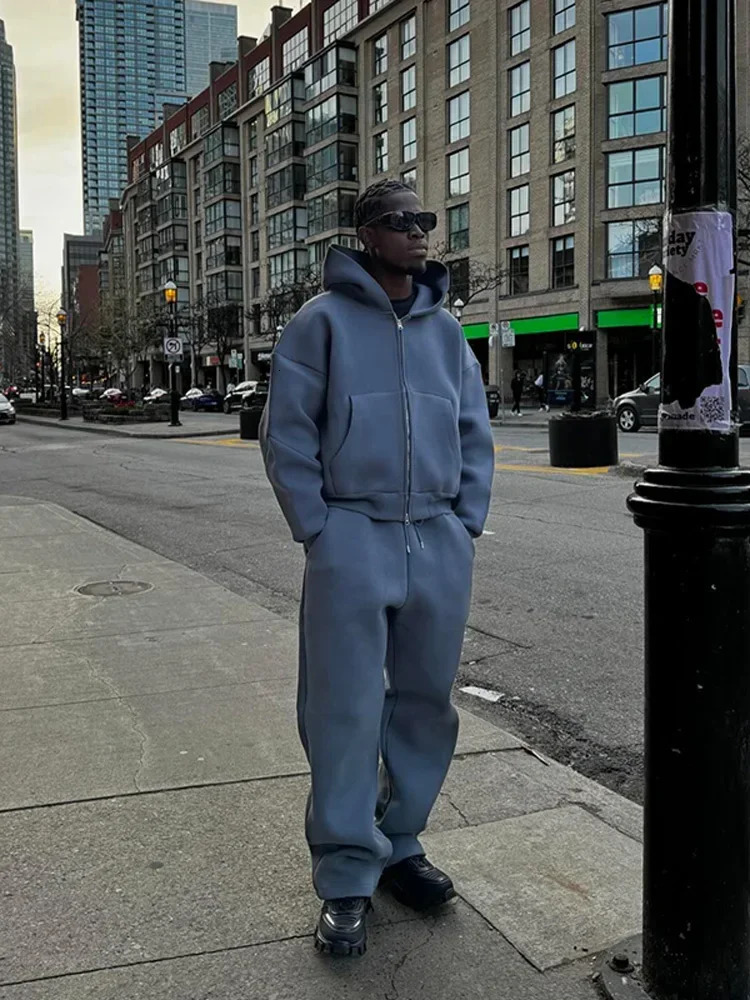 Casual sets Solid Tracksuit for Men Zipper Long Sleeve Hooded Sweatshirt Straight Pants 2 Piece Set Plush Hoodie Trousers Suits 241122