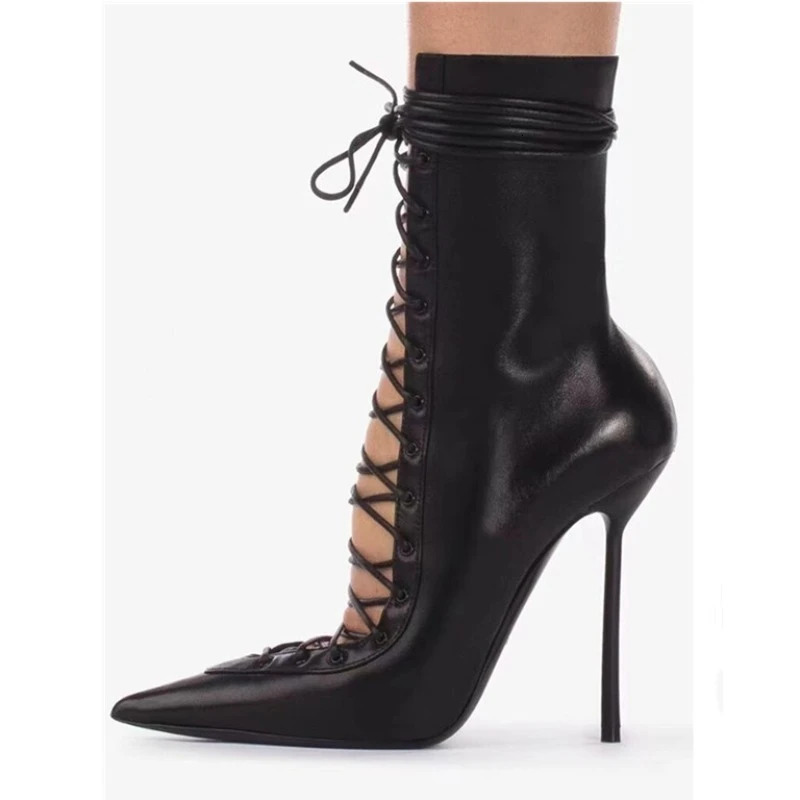 2024 High Quality Lace up Cool Boots European and American Sexy Nightclub Slim Heel Show Shoes Zipper 241122