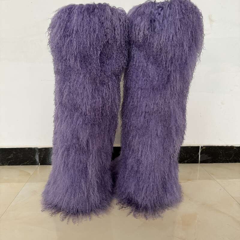 72cm Winter Furry Shoes Women Snow Fluffy Warm Wool Plush Fashion Boots Ladies Mongolian Fur Boot