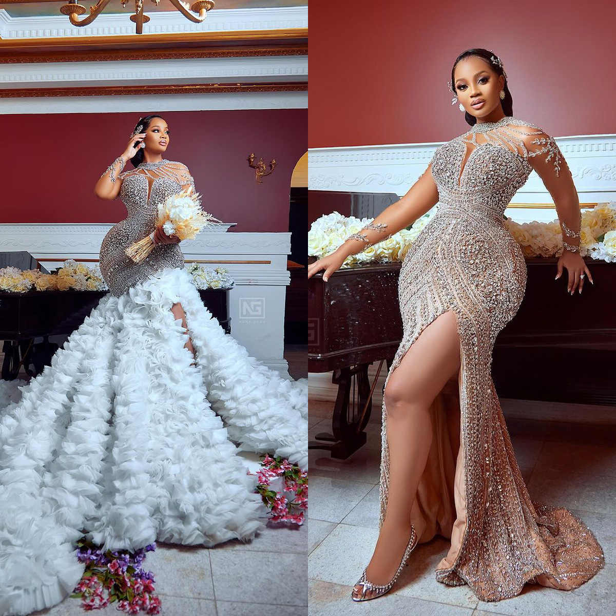 Luxury Crystal Mermaid Wedding Dresses with Detachable Train Beading Side Split Bridal Gowns Ruffle Tiered Brides Dress Vestidos De Novia