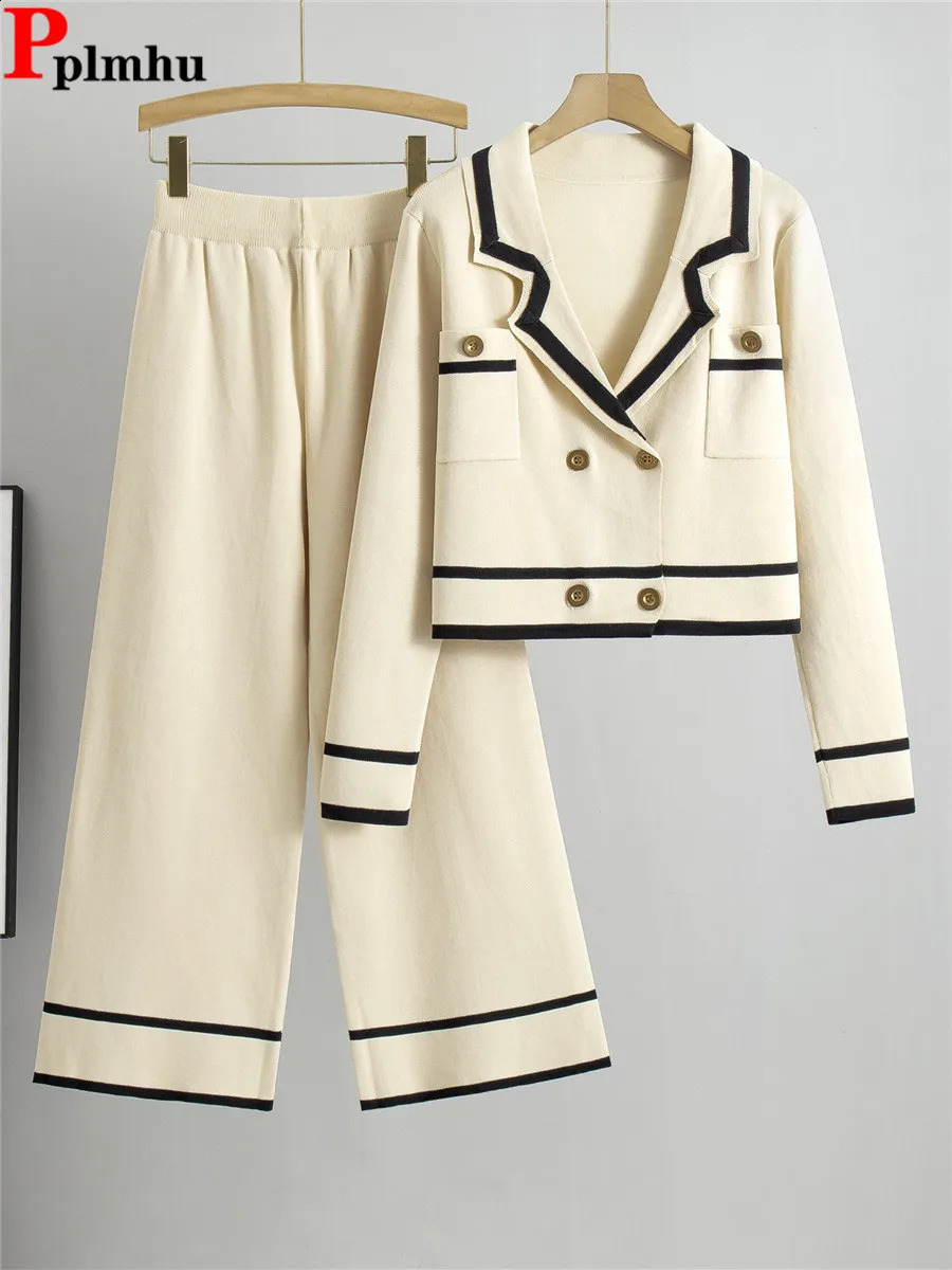 Women Knit 2 Pieces Sets Chic Double Breasted Short Knitwear Tops Cardigan Conjuntos Korean High Waist Ankle Length Pants Suits 241121