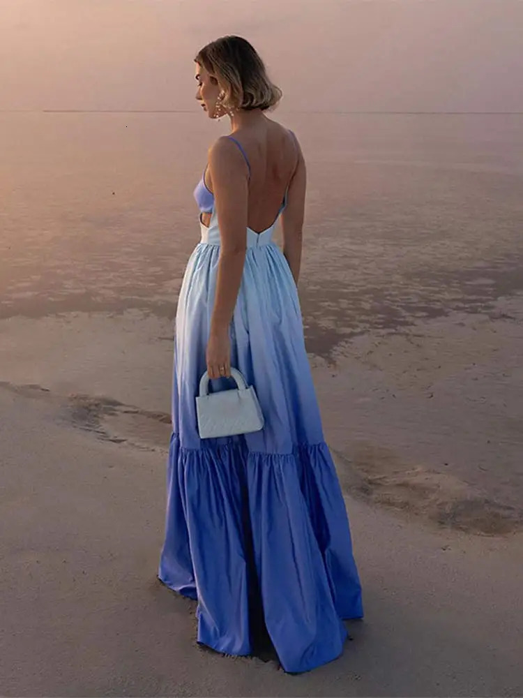Elegant Hollow Out Pleated Long Dress For Women Sexy Patchwork Sleeveless Backless Robe Chic Holiday Ladies Evening Vestidoes 240420