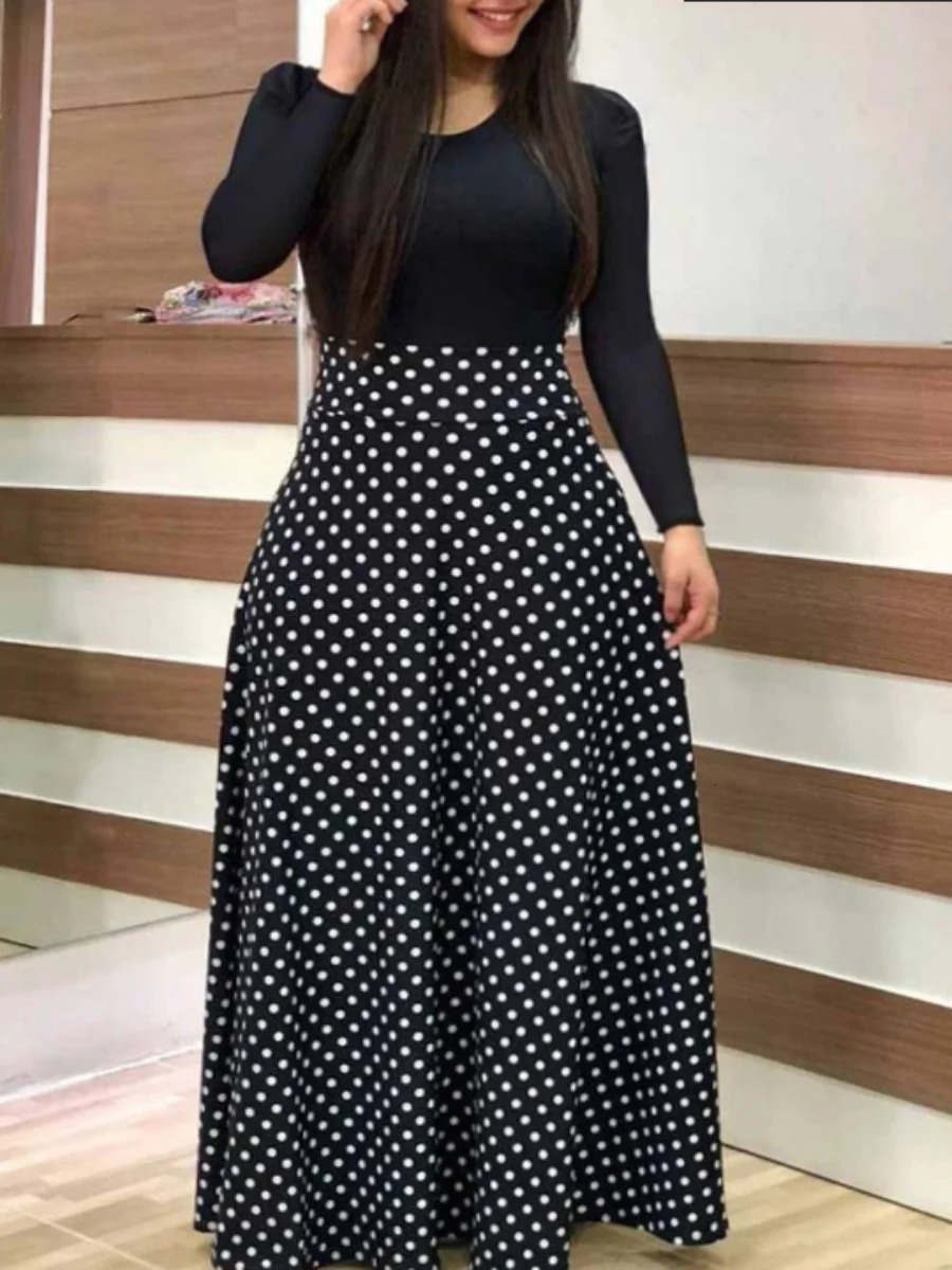LW Plus Size Autumn Winter Womens Elegant Fashion Black Round Neck Long Sleeves Dot Print Cut Out Ankle Length A Line Dress 240419