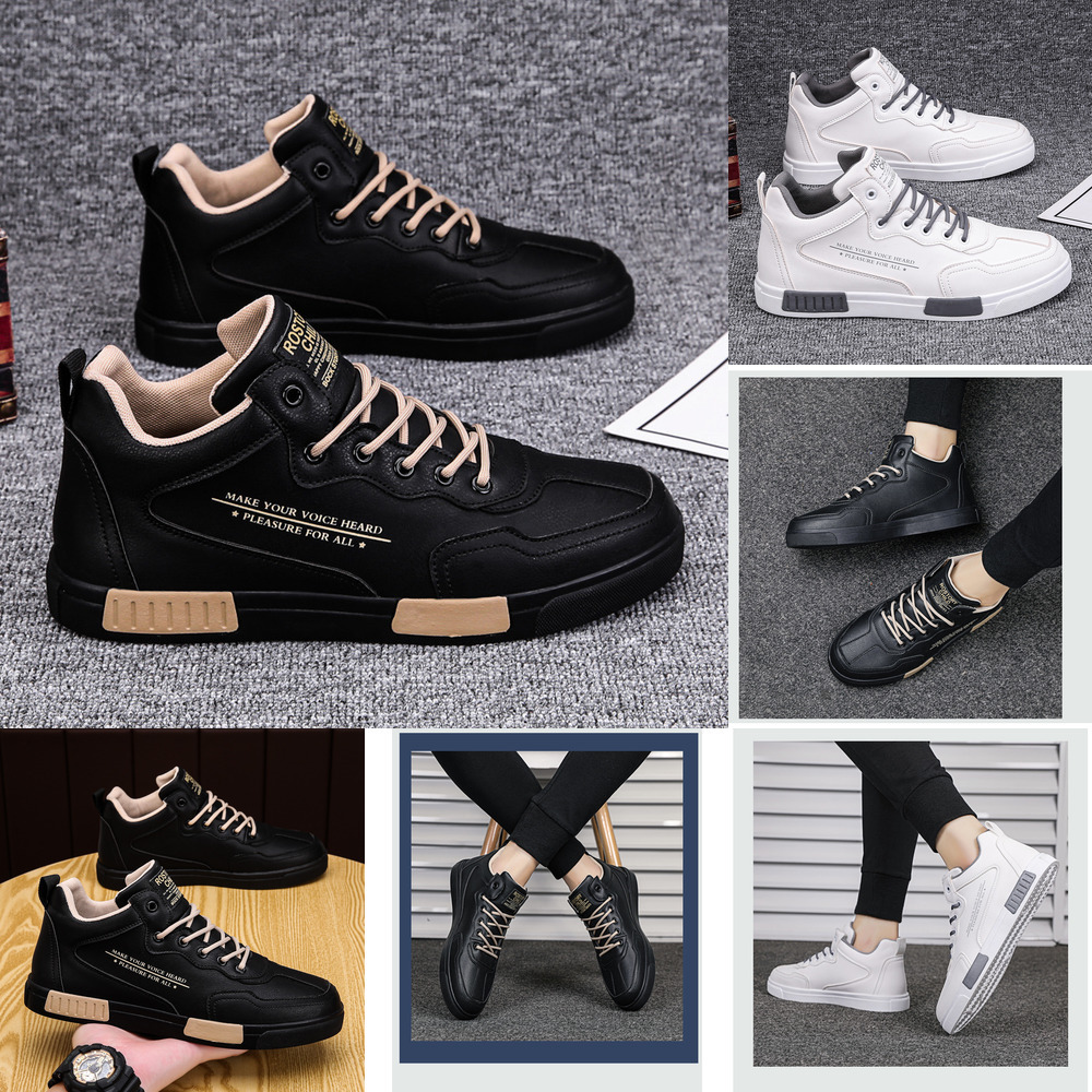 Men's Breathable 2024 Casual Leather Hot Mid-Top Board Shoes In Black