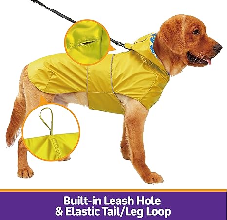 Kimee Raincoat Reversible, Single Side Slicker Poncho Adjustable Waterproof Dog Rain et with Leash Hole/Reflective Stripe Hooded Snowproof Windproof C