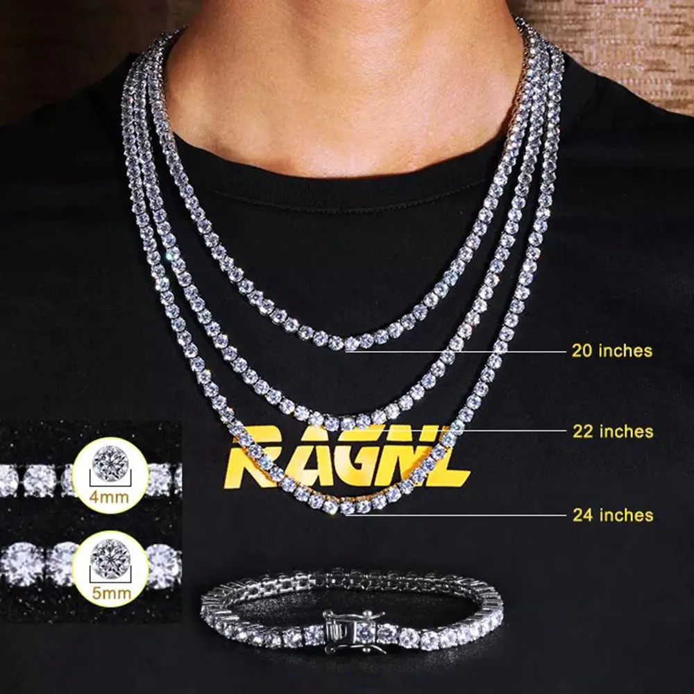 Fashion Jewelry 3mm 4mm 5mm Hip Hop Ice Tennis Chain Copper Material Mens Rock Necklace Womens Sparkling Zircon Jewelry 241121