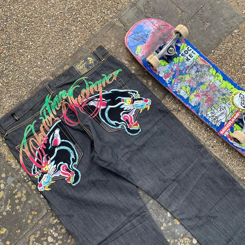 Ed Hardes Jeans New Designer Fashion Trend Harajuku Y2k High Street Hip Hop Jeans Skateboard Streetwear Rock Revival Embroidery Graphic Denim Straight Jeans 862