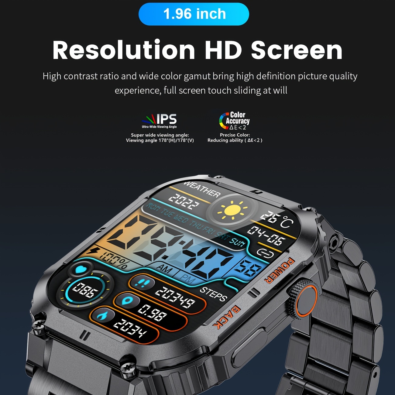 Men's Smartwatch 1.96-inch IPS Large Screen 400mAh Long Battery Life Fitness Step Card Tracker, Suitable for Android IPhone Smartwatch