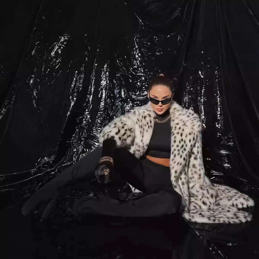 2024 autumn and winter new leopard print women's medium long suit collar imitation fox fur grass coat