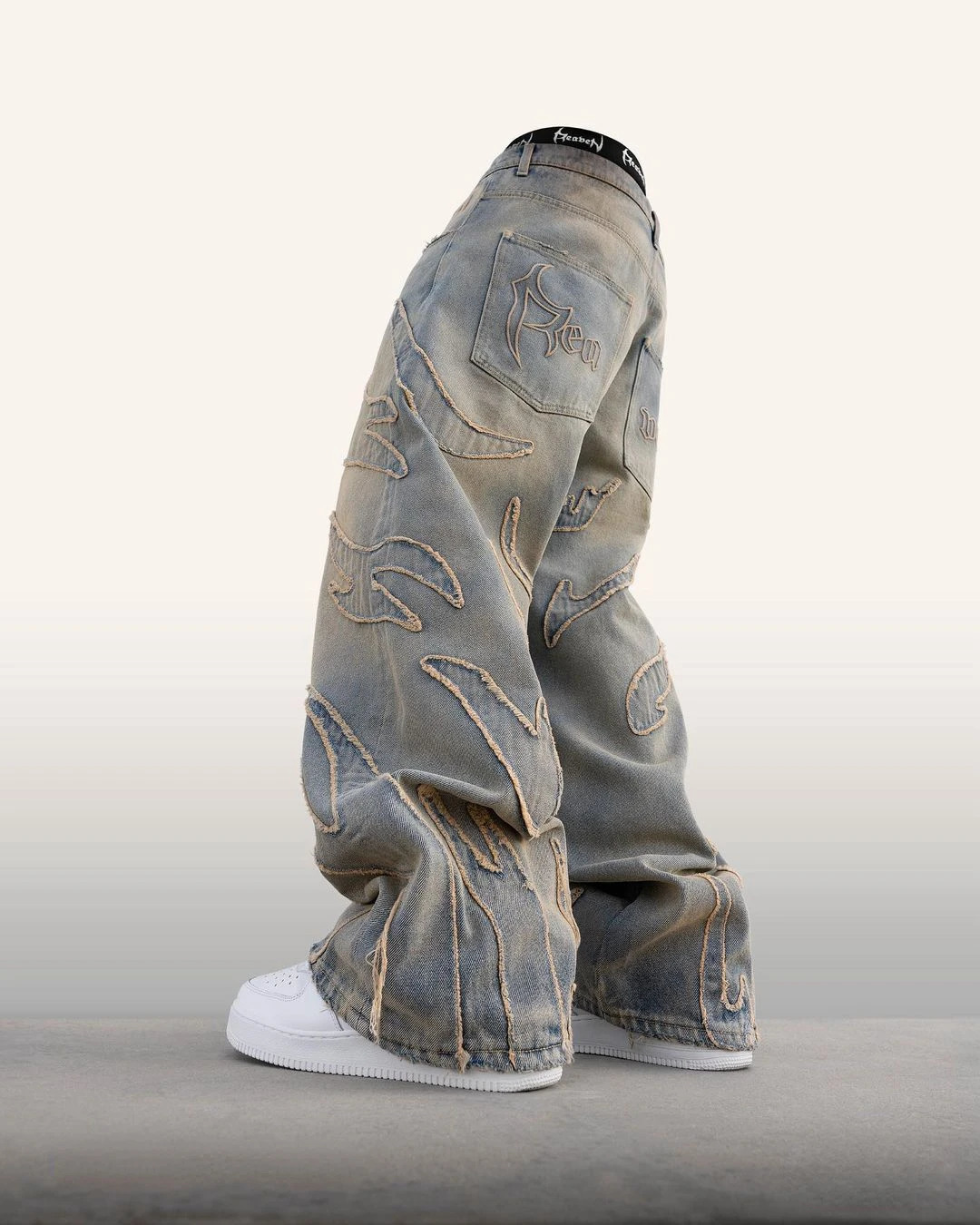 Street Retro Raw Edge Embroidery Baggy Jeans for Men Fashion Hip Hop Pattern Women Patchwork High Waisted Denim Pants Y2k 240415