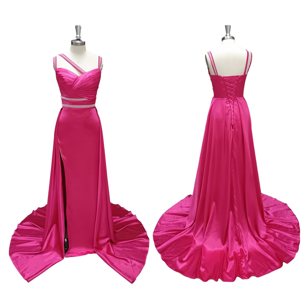 Split Long Prom Dresses Spaghetti V-Neck Beading Satin A-Line Lace-up Plus Size Formal Occasion Evening Party Gown Pd17