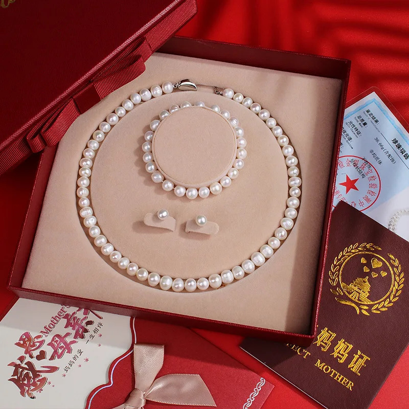 Natural Freshwater Pearl Necklace Bracelet Earring Set Mothers Day Gift 241121