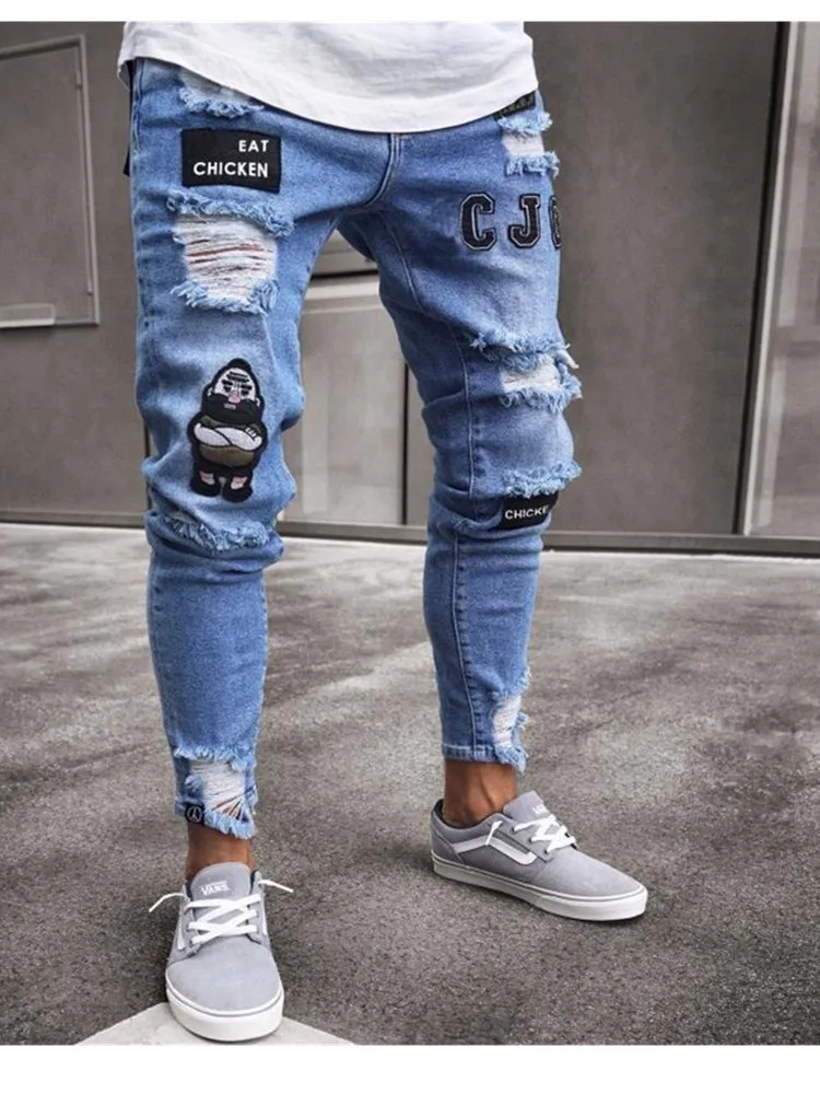 White Embroidery Jeans Men Cotton Stretchy Ripped Skinny Jeans High Quality Hip Hop Black Hole Slim Fit Oversize Denim Pants 240420