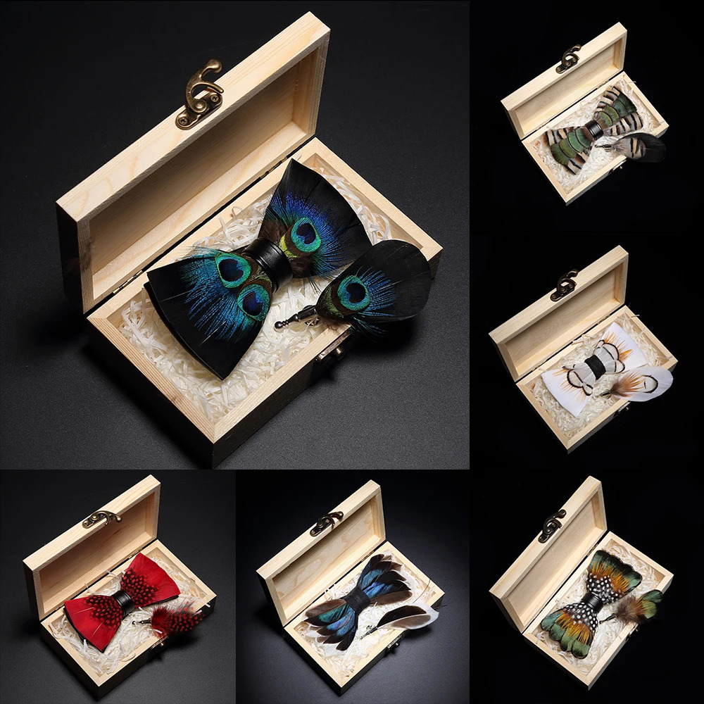KAMBERFT Handmade Feather Bowtie Brooch Wooden Box Set High Quality Mens Bowtie Leather Tie for Wedding Parties and Banquets 241122