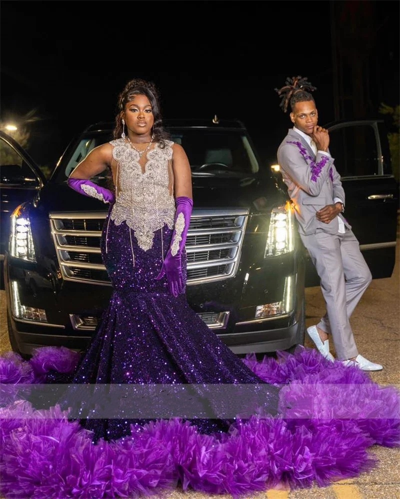 New Purple Diamonds Prom Dress With Two Gloves Glitter Bead Crystal Rhinestones Tassels Sequins Gown Birthday Party Gowns