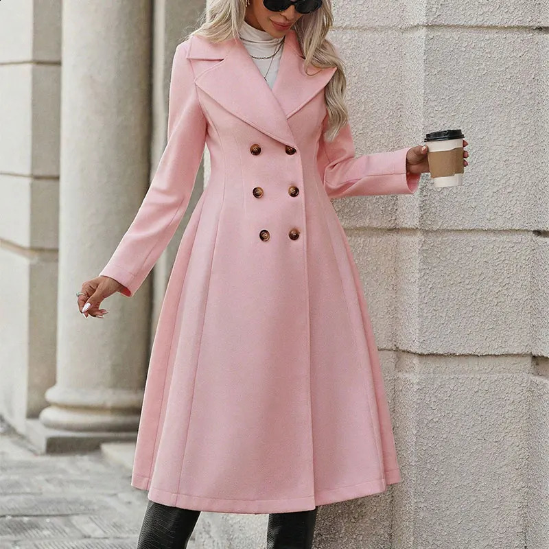 Women Trench Autumn Winter Pink Coat Fashion Streetwear Suit Collar Button Elegant Lady Slim Versatile Clothing 241121