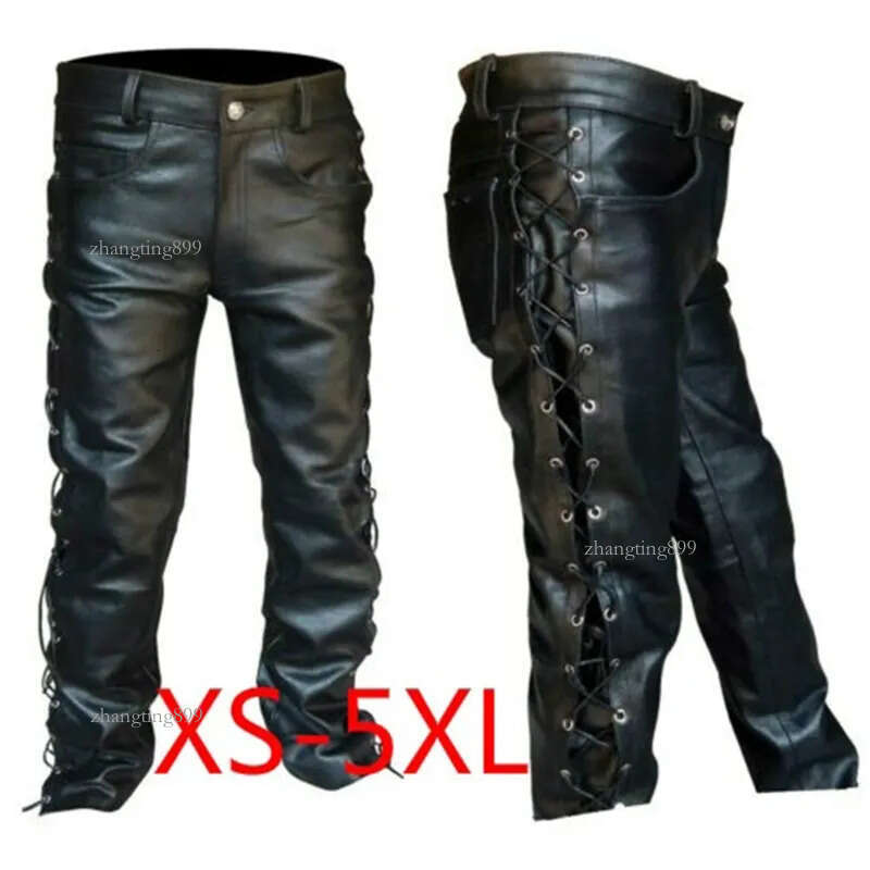 Mens Pants Lace Up Leather Pants Motorcycle Punk Black Pants for Men Fashion Winter Big and Tall Mens Clothing Pantalon Homme Trousers 230906