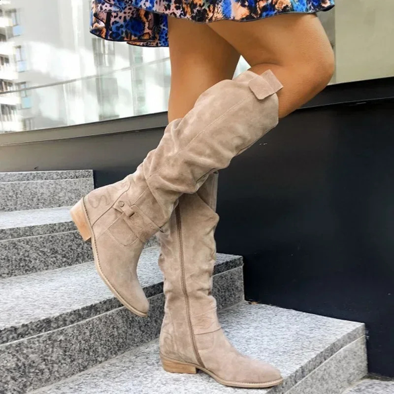 Low heel side zipper size 43 suede high womens boots retro womens boots autumn winter knee high boots 241121