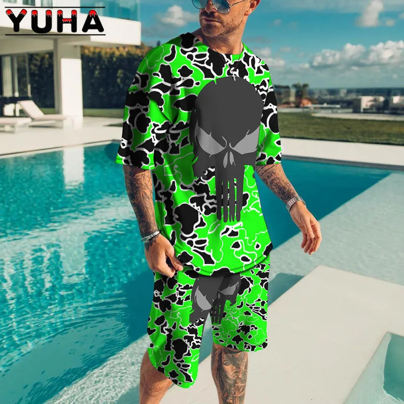 YUHASummer Mens Clothing T Shirt Sets 3D Terrible skeleton Print Casual Shorts Tracksuit Male 2 Piece Suit est Short Sleev 240420