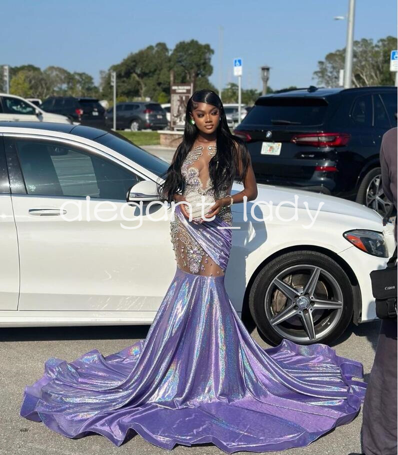 Lilac Purple Sparkly Mermaid Evening Ceremony Party Dresses for Black Girl Luxury Diamond Gillter Sheer Prom Birthday Gala Gown