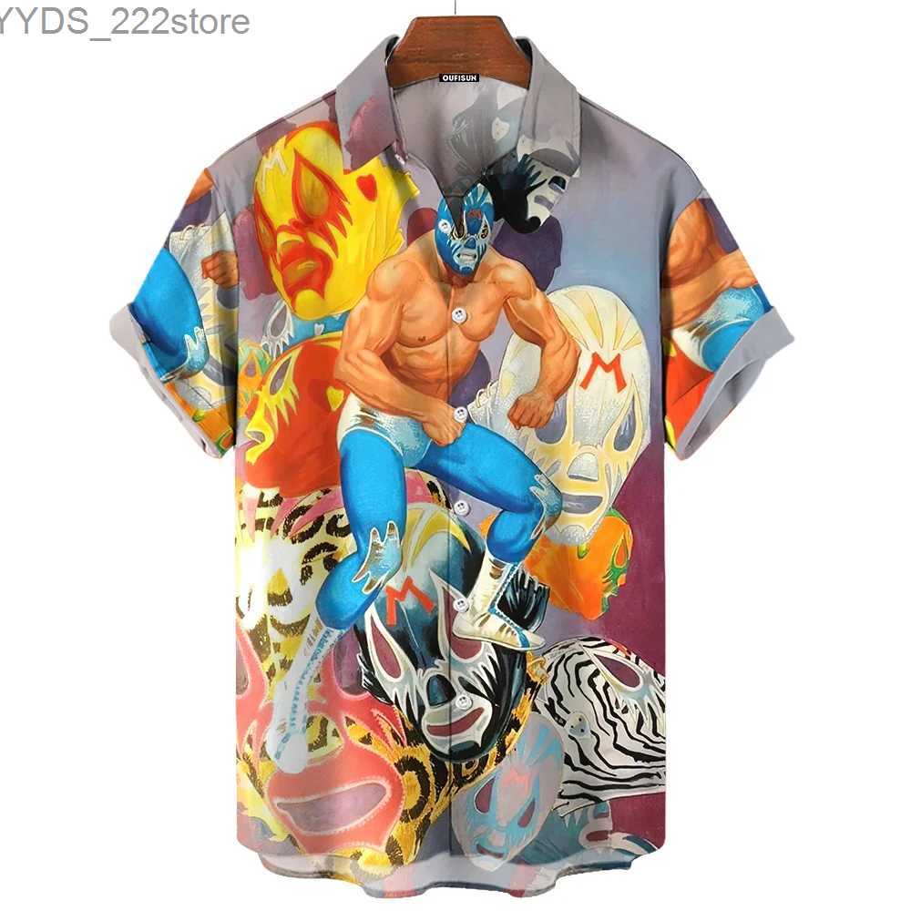Men's Shirts Vintage mens 3D Mexican wrestling print high-quality mens clothing loose oversized short sleeves yq240422