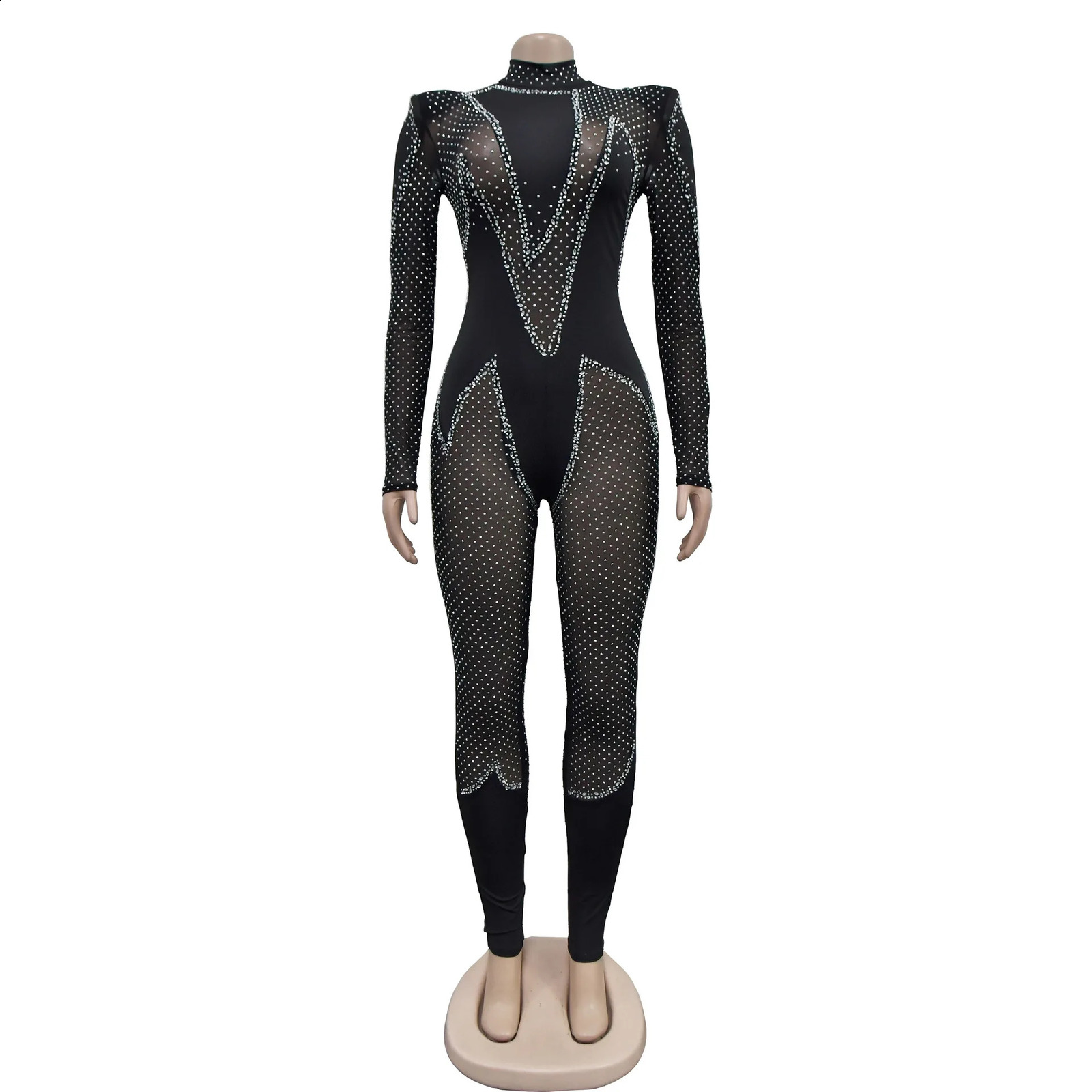 CMYAYA Women Fashion Mesh See Though Diamonds Rhinestones Sexy Party Club Jumpsuit One Piece Suit Romper Playsuits 241121 - view 4