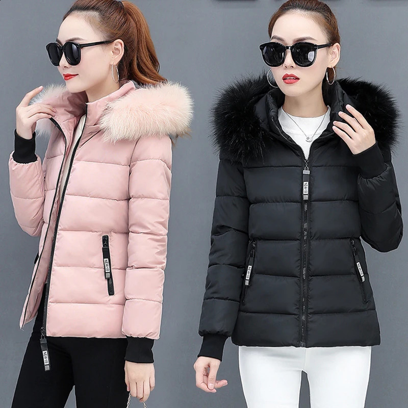 Zipper Fur Hooded Short Down Cotton Jacket Thickened Coat Fall Winter Casual Elegant Long Sleeve Warm Pocket Clothing 241120