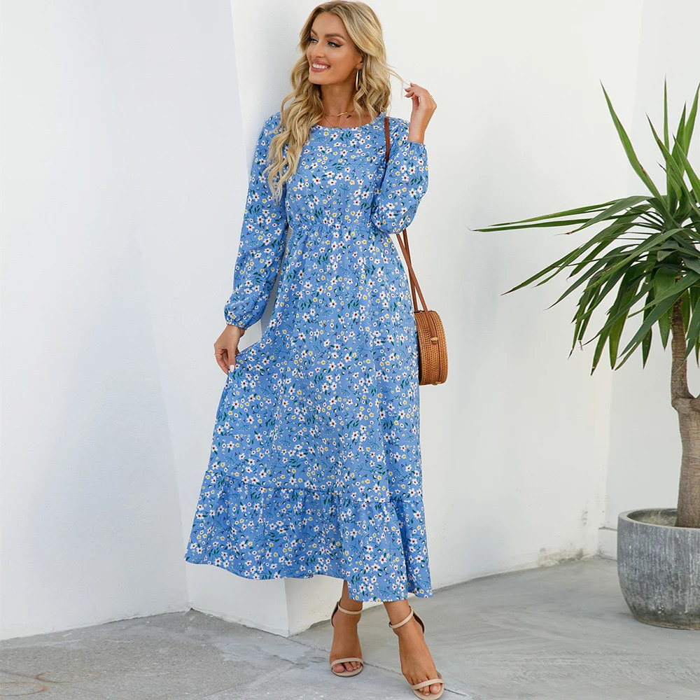 2023 Sping Summer Bohemian Women Maxi Dress Casual Long Sleeve High Waist Beach Woman Chiffon Dresses Floral Vestidoes Mujer 240418